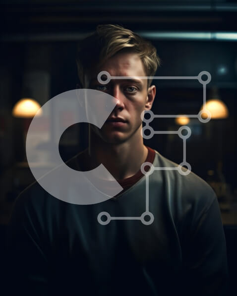 Intra Συλλεκτικό Ξύλινο Παζλ Plywood  4mm - Σοβαρός νεαρός άνδρας με γκρι πουλόβερ που στέκεται στο δωμάτιο με χαμηλό φωτισμό Σε Ξύλινο Κουτί - Διαστάσεις Puzzle: 10x10 cm – 25 κομμάτια