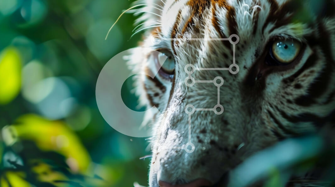 Σετ των 2 Intra Συλλεκτικό Ξύλινο Παζλ Plywood  4mm - Κοντινό πλάνο μιας λευκής τίγρης με μπλε μάτια σε πράσινο φύλλωμα Σε Ξύλινο Κουτί - Διαστάσεις: 10x10 cm – 25 κομμάτια