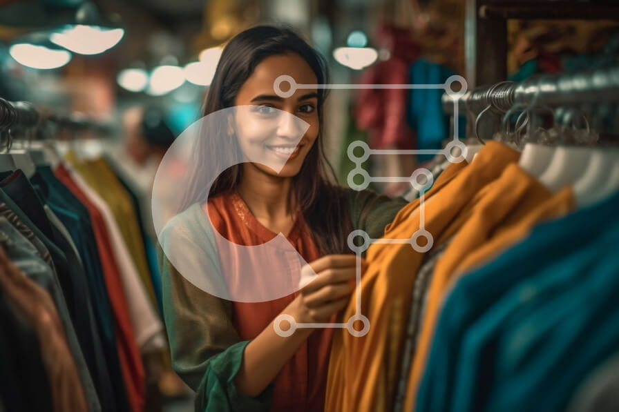 Intra Συλλεκτικό Ξύλινο Παζλ Plywood  4mm - Γυναίκα που κοιτάζει τα ρούχα σε ένα ράφι σε ένα κατάστημα ρούχων Σε Ξύλινο Κουτί - Διαστάσεις Puzzle: 10x10 cm – 25 κομμάτια