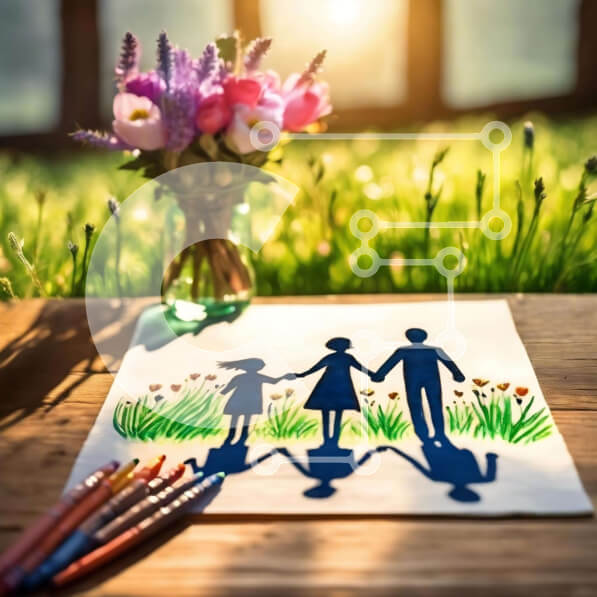 Intra Συλλεκτικό Ξύλινο Παζλ Plywood  4mm - Οικογενειακό έργο τέχνης σιλουέτα με φόντο λουλούδια Σε Ξύλινο Κουτί - Διαστάσεις Puzzle: 10x10 cm – 25 κομμάτια