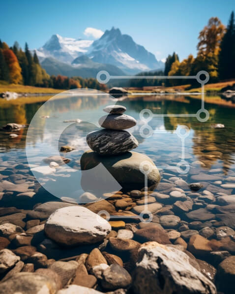 Intra Συλλεκτικό Ξύλινο Παζλ Plywood  4mm - Εκπληκτική εικόνα Balanced Rock Stack δίπλα σε μια γραφική λίμνη Σε Ξύλινο Κουτί - Διαστάσεις: 10x10 cm – 25 κομμάτια