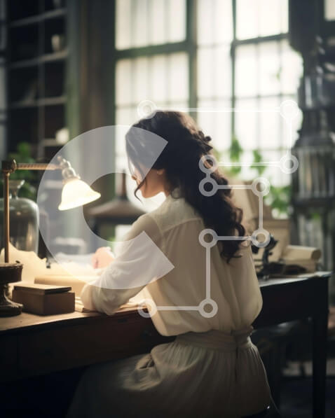 Intra Συλλεκτικό Ξύλινο Παζλ Plywood  4mm - Γυναίκα που γράφει στο γραφείο με λάμπα και βιβλία Σε Ξύλινο Κουτί - Διαστάσεις Puzzle: 10x10 cm – 25 κομμάτια