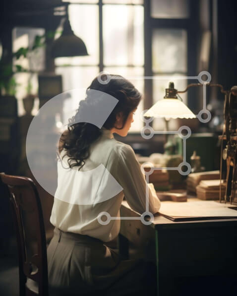 Intra Συλλεκτικό Ξύλινο Παζλ Plywood  4mm - Γυναίκα που εργάζεται στο γραφείο με φορητό υπολογιστή και λάμπα Σε Ξύλινο Κουτί - Διαστάσεις Puzzle: 10x10 cm – 25 κομμάτια