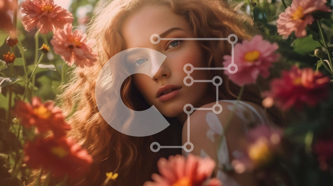 Intra Συλλεκτικό Ξύλινο Παζλ Plywood  4mm - Γαλήνια εικόνα μιας γυναίκας με μακριά κόκκινα μαλλιά και πράσινα μάτια σε ένα χωράφι με πολύχρωμα λουλούδια Σε Ξύλινο Κουτί - Διαστάσεις Puzzle: 10x10 cm – 25 κομμάτια