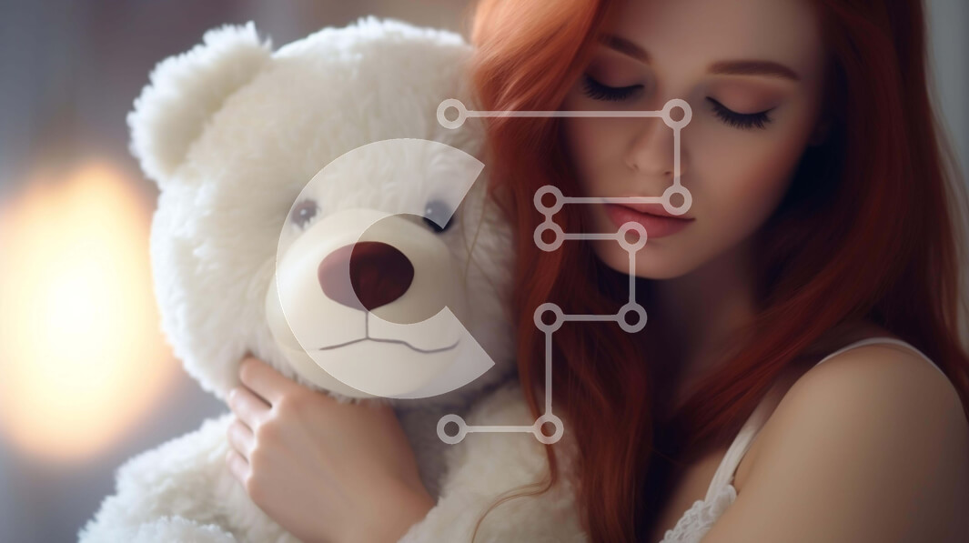 Intra Συλλεκτικό Ξύλινο Παζλ Plywood  4mm - Νεαρή γυναίκα που κουκουλώνεται με υπερμεγέθη λευκό αρκουδάκι Σε Ξύλινο Κουτί - Διαστάσεις Puzzle: 10x10 cm – 25 κομμάτια