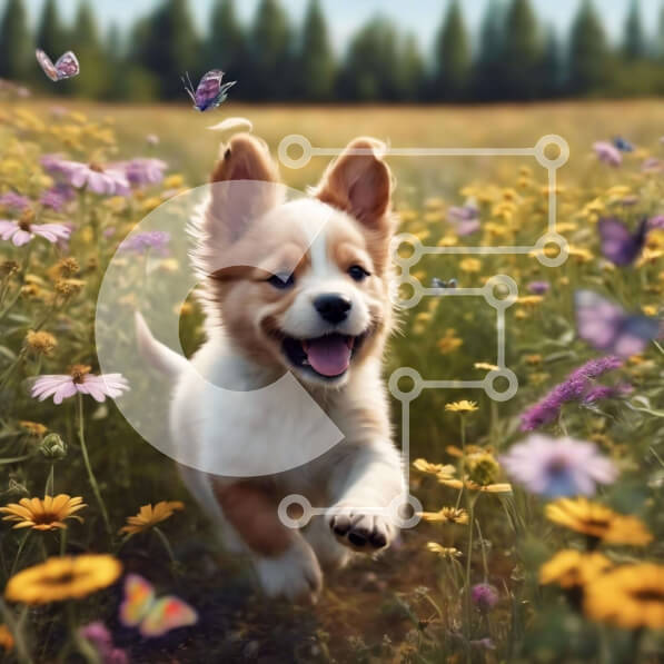 Intra Συλλεκτικό Ξύλινο Παζλ Plywood  4mm - Ευτυχισμένος μικρόσωμος σκύλος που τρέχει στο χωράφι με πεταλούδες και λουλούδια Σε Ξύλινο Κουτί - Διαστάσεις: 10x10 cm – 25 κομμάτια