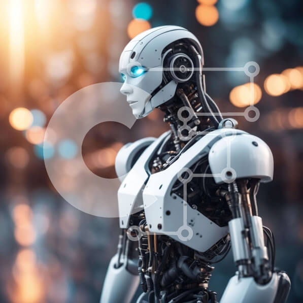 Intra Συλλεκτικό Ξύλινο Παζλ Plywood  4mm - Φουτουριστικό λευκό ρομπότ με μπλε μάτια σε αστικό τοπίο Σε Ξύλινο Κουτί - Διαστάσεις Puzzle: 10x10 cm – 25 κομμάτια