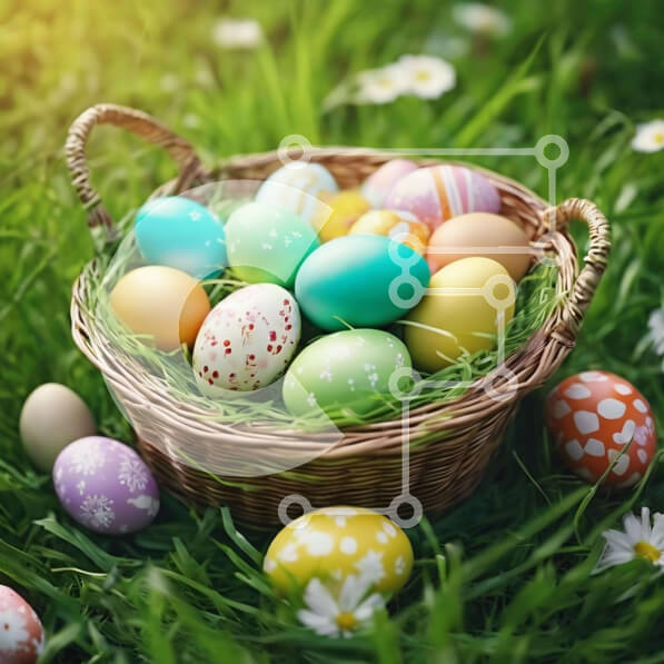 Intra Συλλεκτικό Ξύλινο Παζλ Plywood  4mm - Πολύχρωμα Πασχαλινά αυγά σε ένα καλάθι χόρτου Σε Ξύλινο Κουτί - Διαστάσεις: 10x10 cm – 25 κομμάτια