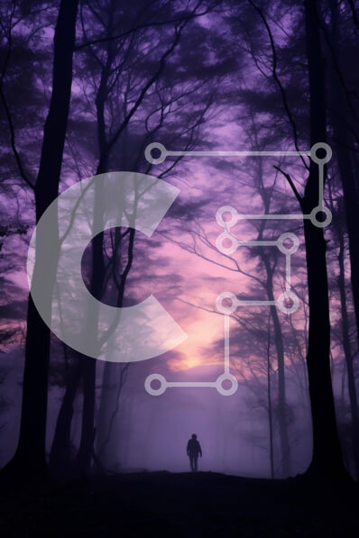 Σετ των 2 Intra Συλλεκτικό Ξύλινο Παζλ Plywood  4mm - Πρόσωπο που περπατά μέσα από το δάσος στο ηλιοβασίλεμα με τον πορφυρό ουρανό Σε Ξύλινο Κουτί - Διαστάσεις: 10x10 cm – 25 κομμάτια