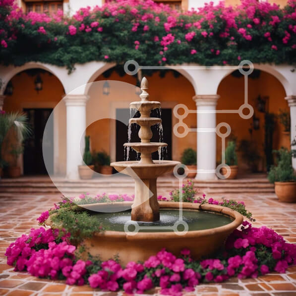 Intra Συλλεκτικό Ξύλινο Παζλ Plywood  4mm - Συντριβάνι αυλής με ροζ λουλούδια και φυτά σε γλάστρες Σε Ξύλινο Κουτί - Διαστάσεις Puzzle: 10x10 cm – 25 κομμάτια