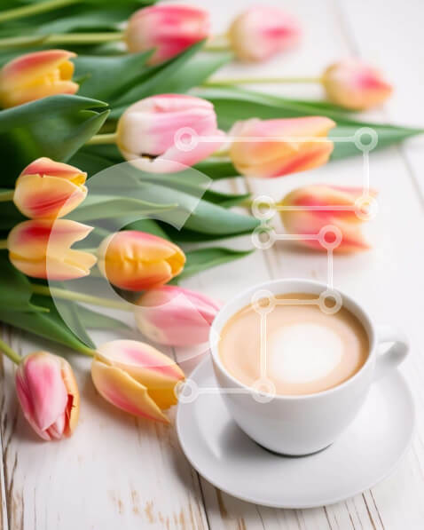 Σετ των 2 Intra Συλλεκτικό Ξύλινο Παζλ Plywood  4mm - Φλιτζάνι καφέ με τουλίπες και άλλα λουλούδια σε λευκό ξύλινο τραπέζι Σε Ξύλινο Κουτί - Διαστάσεις: 10x10 cm – 25 κομμάτια