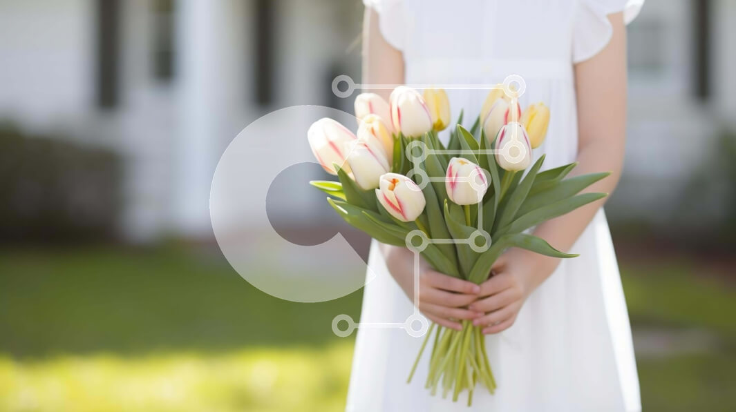 Intra Συλλεκτικό Ξύλινο Παζλ Plywood  4mm - Νεαρό κορίτσι που κρατά μπουκέτο τουλίπας μπροστά από τα σπίτια Σε Ξύλινο Κουτί - Διαστάσεις Puzzle: 10x10 cm – 25 κομμάτια