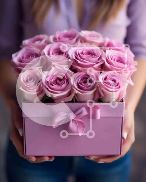 Intra Συλλεκτικό Ξύλινο Παζλ Plywood  4mm - Γυναίκα που κρατά ένα κουτί με ροζ τριαντάφυλλα Σε Ξύλινο Κουτί - Διαστάσεις Puzzle: 10x10 cm – 25 κομμάτια