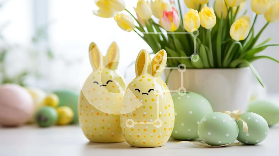 Intra Συλλεκτικό Ξύλινο Παζλ Plywood  4mm - Πασχαλινά στολίδια με αυγά λαγουδάκι και τουλίπες Σε Ξύλινο Κουτί - Διαστάσεις: 10x10 cm – 25 κομμάτια