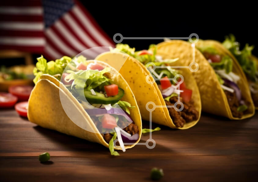 Σετ των 2 Intra Συλλεκτικό Ξύλινο Παζλ Plywood  4mm - Νόστιμα τάκος με φρέσκα υλικά και φόντο αμερικανικής σημαίας Σε Ξύλινο Κουτί - Διαστάσεις: 10x10 cm – 25 κομμάτια