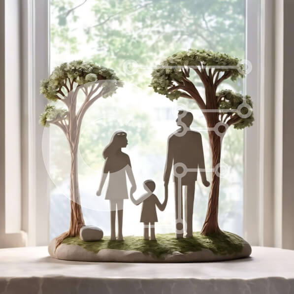 Intra Συλλεκτικό Ξύλινο Παζλ Plywood  4mm - Πήλινη Οικογενειακή Σιλουέτα ενάντια στα Δέντρα Σε Ξύλινο Κουτί - Διαστάσεις: 10x10 cm – 25 κομμάτια