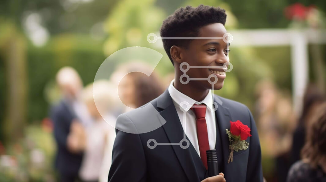 Intra Συλλεκτικό Ξύλινο Παζλ Plywood  4mm - Νεαρός άνδρας που μιλά στην εκδήλωση με κοστούμι και γραβάτα με μπουτονιέρα κόκκινο τριαντάφυλλο Σε Ξύλινο Κουτί - Διαστάσεις Puzzle: 10x10 cm – 25 κομμάτια