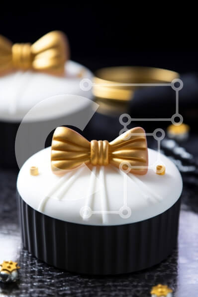 Σετ των 2 Intra Συλλεκτικό Ξύλινο Παζλ Plywood  4mm - Κομψά και αριστοκρατικά λευκά cupcakes με χρυσό παπιγιόν σε μαύρη επιφάνεια Σε Ξύλινο Κουτί - Διαστάσεις: 10x10 cm – 25 κομμάτια