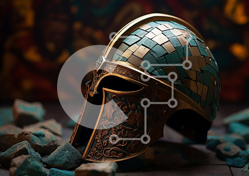 Intra Συλλεκτικό Ξύλινο Παζλ Plywood  4mm - Αρχαίο μπλε και χρυσό κράνος σε σπασμένο ξύλο Σε Ξύλινο Κουτί - Διαστάσεις Puzzle: 10x10 cm – 25 κομμάτια