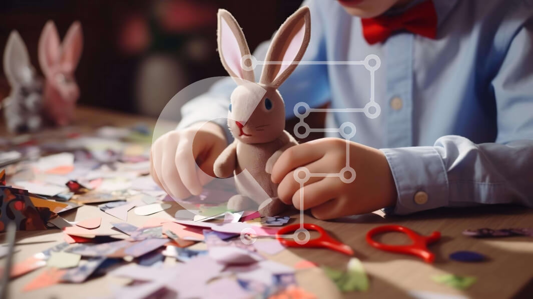 Intra Συλλεκτικό Ξύλινο Παζλ Plywood  4mm - Νεαρό αγόρι που φτιάχνει πασχαλινό παιχνίδι λαγουδάκι με ψαλίδι και χαρτί Σε Ξύλινο Κουτί - Διαστάσεις Puzzle: 10x10 cm – 25 κομμάτια