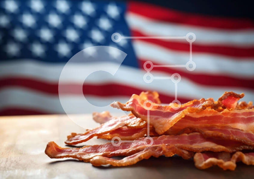 Σετ των 2 Intra Συλλεκτικό Ξύλινο Παζλ Plywood  4mm - Φρεσκομαγειρεμένο μπέικον σε ξύλινο τραπέζι με αμερικανική σημαία Σε Ξύλινο Κουτί - Διαστάσεις: 10x10 cm – 25 κομμάτια