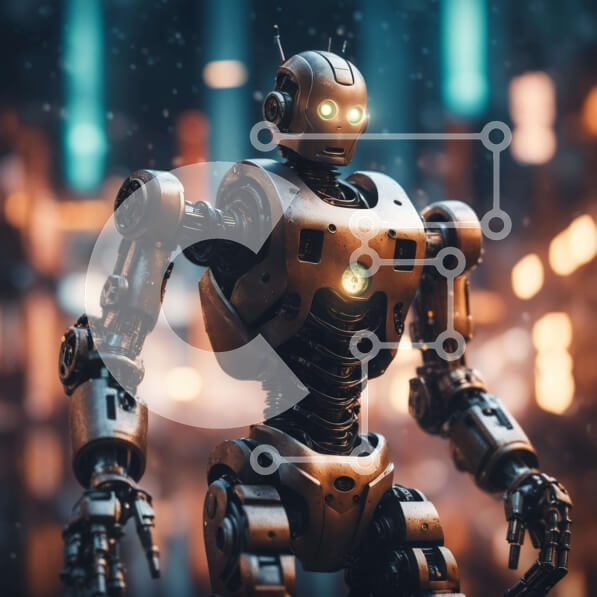 Intra Συλλεκτικό Ξύλινο Παζλ Plywood  4mm - Φουτουριστικό ρομπότ σε αστικό περιβάλλον με φωτεινά πράσινα μάτια Σε Ξύλινο Κουτί - Διαστάσεις Puzzle: 10x10 cm – 25 κομμάτια