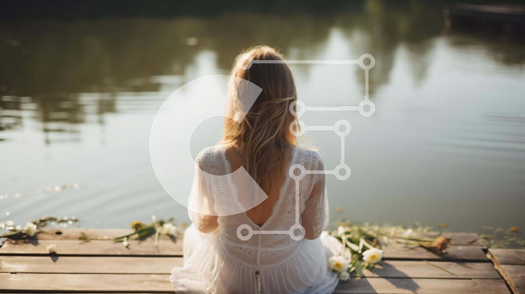 Intra Συλλεκτικό Ξύλινο Παζλ Plywood  4mm - Γυναίκα με λευκό φόρεμα που κάθεται στην αποβάθρα δίπλα στο νερό Σε Ξύλινο Κουτί - Διαστάσεις: 10x10 cm – 25 κομμάτια