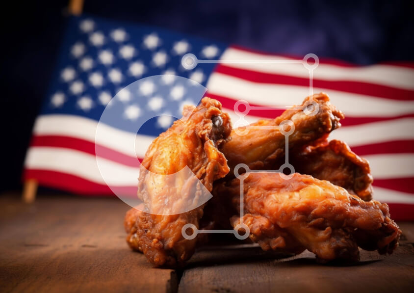 Σετ των 2 Intra Συλλεκτικό Ξύλινο Παζλ Plywood  4mm - Φρεσκοπαρασκευασμένες φτερούγες κοτόπουλου σε ξύλινο τραπέζι με αμερικανική σημαία στο φόντο Σε Ξύλινο Κουτί - Διαστάσεις: 10x10 cm – 25 κομμάτια