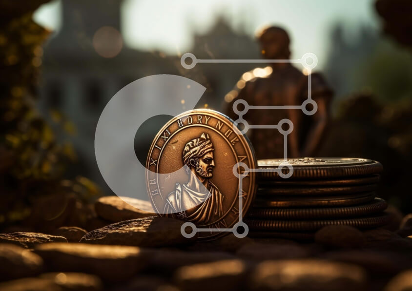 Intra Συλλεκτικό Ξύλινο Παζλ Plywood  4mm - Κέρμα Ιούλιου Καίσαρα και στοίβες νομισμάτων σε ιστορικό πλαίσιο Σε Ξύλινο Κουτί - Διαστάσεις Puzzle: 10x10 cm – 25 κομμάτια