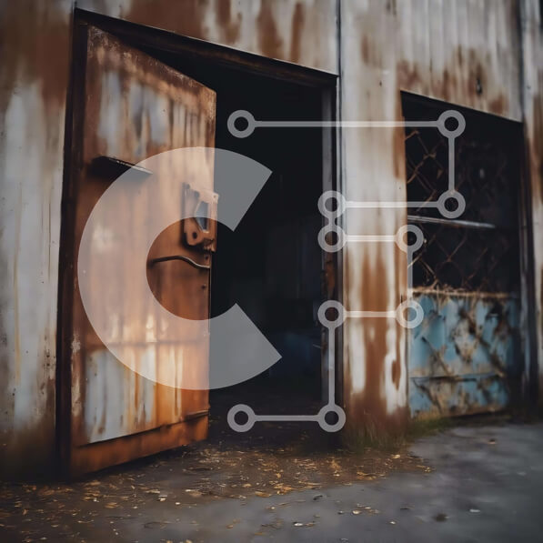 Intra Συλλεκτικό Ξύλινο Παζλ Plywood  4mm - Παλιό σκουριασμένο κτήριο με ανοιχτή πόρτα και σημάδια φθοράς Σε Ξύλινο Κουτί - Διαστάσεις Puzzle: 10x10 cm – 25 κομμάτια