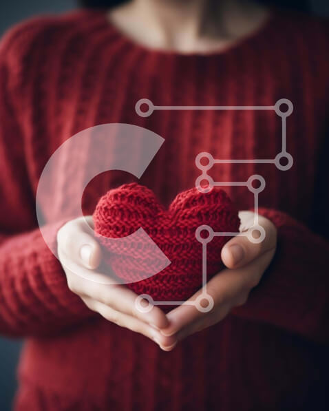 Intra Συλλεκτικό Ξύλινο Παζλ Plywood  4mm - Γυναίκα που κρατά κόκκινο πλεκτό πουλόβερ σε σχήμα καρδιάς Σε Ξύλινο Κουτί - Διαστάσεις Puzzle: 10x10 cm – 25 κομμάτια