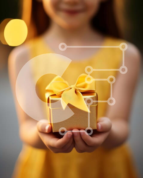 Intra Συλλεκτικό Ξύλινο Παζλ Plywood  4mm - Χαρούμενη στιγμή: Νεαρό κορίτσι με κίτρινο κουτί δώρου Σε Ξύλινο Κουτί - Διαστάσεις Puzzle: 10x10 cm – 25 κομμάτια