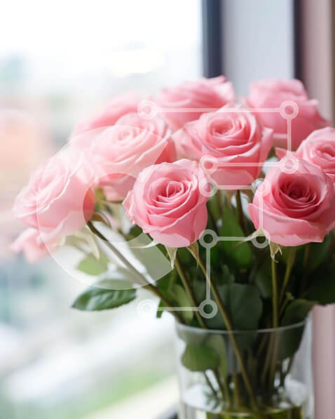 Intra Συλλεκτικό Ξύλινο Παζλ Plywood  4mm - Γυάλινο βάζο με ροζ τριαντάφυλλα μπροστά από το ανοιχτό παράθυρο Σε Ξύλινο Κουτί - Διαστάσεις: 10x10 cm – 25 κομμάτια