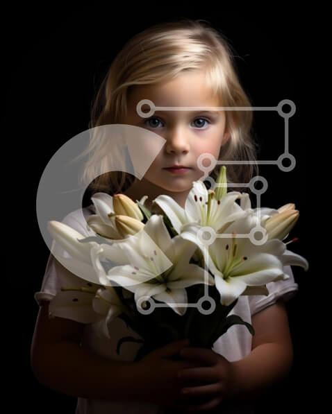 Intra Συλλεκτικό Ξύλινο Παζλ Plywood  4mm - Νεαρό κορίτσι που κρατά λευκούς κρίνους στο σκοτάδι Σε Ξύλινο Κουτί - Διαστάσεις Puzzle: 10x10 cm – 25 κομμάτια