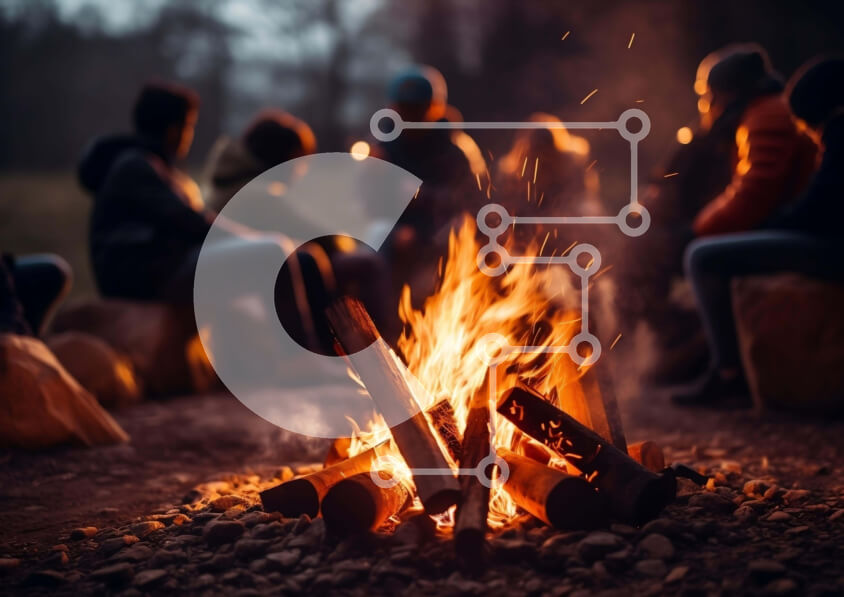 Intra Συλλεκτικό Ξύλινο Παζλ Plywood  4mm - Άνθρωποι συγκεντρώθηκαν γύρω από μια φωτιά στο δάσος Σε Ξύλινο Κουτί - Διαστάσεις: 10x10 cm – 25 κομμάτια