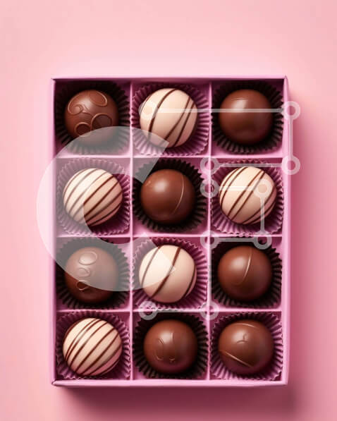 Intra Συλλεκτικό Ξύλινο Παζλ Plywood  4mm - Ροζ κουτί με διάφορες καραμέλες σοκολάτας σε ροζ φόντο Σε Ξύλινο Κουτί - Διαστάσεις Puzzle: 10x10 cm – 25 κομμάτια