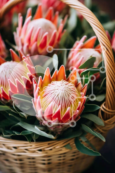 Σετ των 2 Intra Συλλεκτικό Ξύλινο Παζλ Plywood  4mm - Φρέσκα λουλούδια Protea σε ψάθινο καλάθι Σε Ξύλινο Κουτί - Διαστάσεις: 10x10 cm – 25 κομμάτια