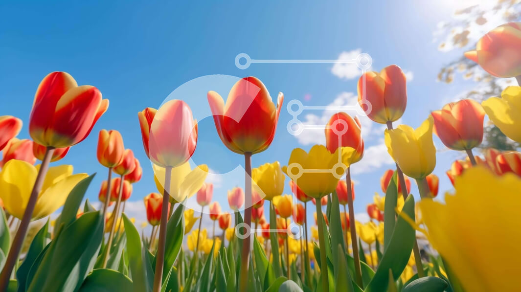 Intra Συλλεκτικό Ξύλινο Παζλ Plywood  4mm - Πεδίο με κόκκινες και κίτρινες τουλίπες την άνοιξη Σε Ξύλινο Κουτί - Διαστάσεις: 10x10 cm – 25 κομμάτια