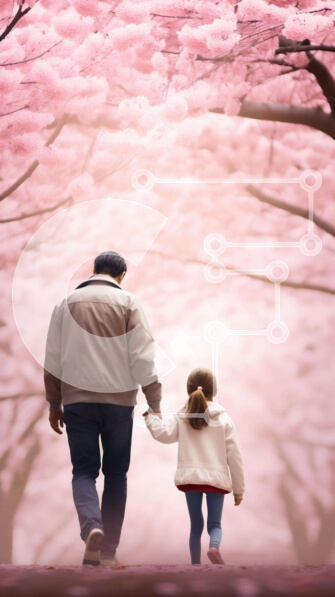 Σετ των 2 Intra Συλλεκτικό Ξύλινο Παζλ Plywood  4mm - Πατέρας και κόρη περπατούν ανάμεσα στα άνθη της κερασιάς Σε Ξύλινο Κουτί - Διαστάσεις: 10x10 cm – 25 κομμάτια