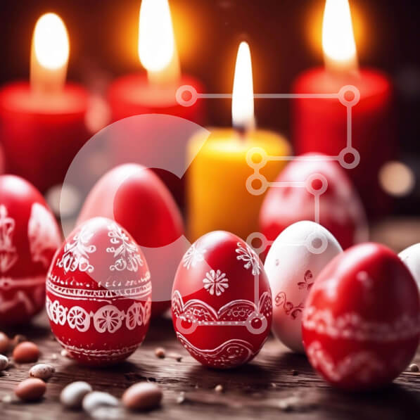 Intra Συλλεκτικό Ξύλινο Παζλ Plywood  4mm - Κόκκινα και λευκά διακοσμημένα πασχαλινά αυγά με αναμμένα κεριά Σε Ξύλινο Κουτί - Διαστάσεις: 10x10 cm – 25 κομμάτια