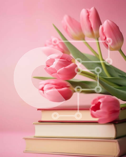 Intra Συλλεκτικό Ξύλινο Παζλ Plywood  4mm - Στοίβα από βιβλία με ροζ τουλίπες και βάζο με λουλούδια Σε Ξύλινο Κουτί - Διαστάσεις Puzzle: 10x10 cm – 25 κομμάτια