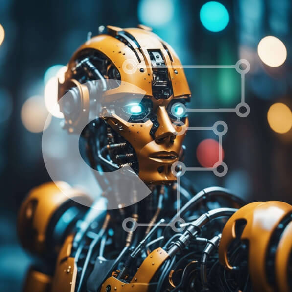 Intra Συλλεκτικό Ξύλινο Παζλ Plywood  4mm - Κίτρινο ρομπότ με μπλε μάτια σε φωτισμένο αστικό τοπίο Σε Ξύλινο Κουτί - Διαστάσεις Puzzle: 10x10 cm – 25 κομμάτια