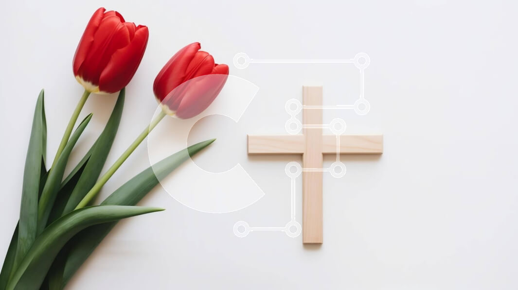 Intra Συλλεκτικό Ξύλινο Παζλ Plywood  4mm - Ξύλινος σταυρός και κόκκινες τουλίπες για το Πάσχα και τις θρησκευτικές γιορτές Σε Ξύλινο Κουτί - Διαστάσεις Puzzle: 10x10 cm – 25 κομμάτια