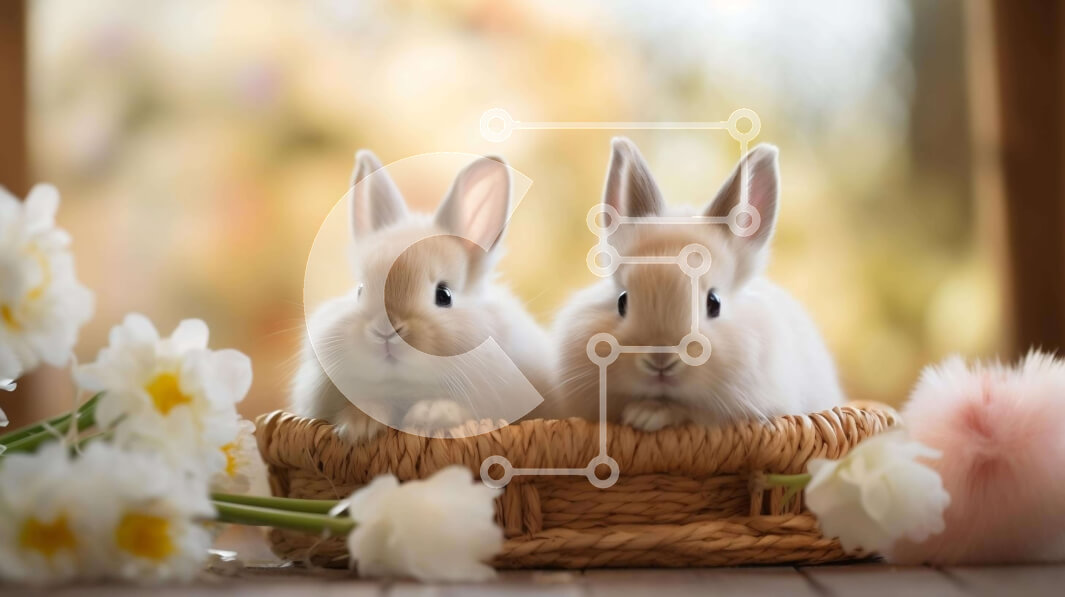 Σετ των 2 Intra Συλλεκτικό Ξύλινο Παζλ Plywood  4mm - Αξιολάτρευτα λευκά κουνέλια σε ένα καλάθι με λουλούδια Σε Ξύλινο Κουτί - Διαστάσεις: 10x10 cm – 25 κομμάτια