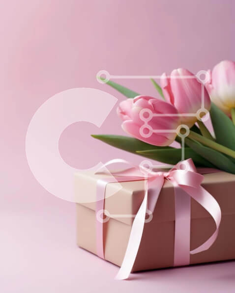 Intra Συλλεκτικό Ξύλινο Παζλ Plywood  4mm - Ρομαντικό ροζ κουτί δώρου με τουλίπες σε ροζ φόντο Σε Ξύλινο Κουτί - Διαστάσεις: 10x10 cm – 25 κομμάτια