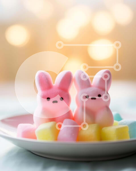 Σετ των 2 Intra Συλλεκτικό Ξύλινο Παζλ Plywood  4mm - Κουνελάκια Marshmallow με θέμα το Πάσχα σε λευκό πιάτο Σε Ξύλινο Κουτί - Διαστάσεις: 10x10 cm – 25 κομμάτια