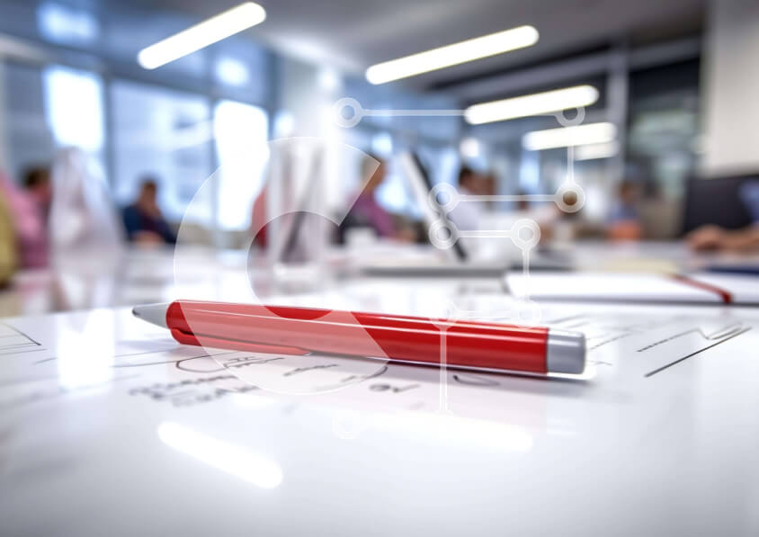 Intra Συλλεκτικό Ξύλινο Παζλ Plywood  4mm - Κόκκινο στυλό στο τραπέζι γραφείου στην αίθουσα συνεδριάσεων Σε Ξύλινο Κουτί - Διαστάσεις: 10x10 cm – 25 κομμάτια