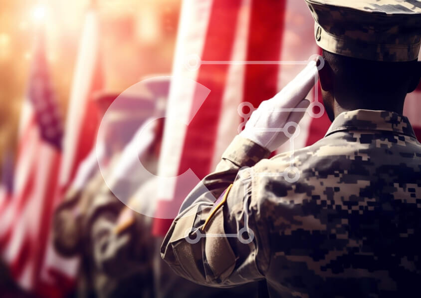 Intra Συλλεκτικό Ξύλινο Παζλ Plywood  4mm - Χαιρετισμός στρατιωτικού προσωπικού μπροστά από αμερικανικές σημαίες Σε Ξύλινο Κουτί - Διαστάσεις Puzzle: 10x10 cm – 25 κομμάτια