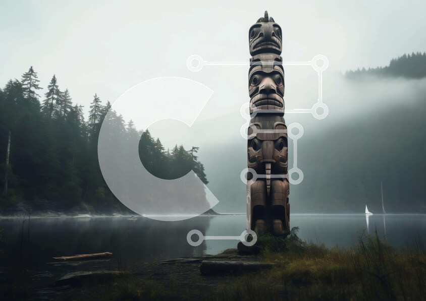 Intra Συλλεκτικό Ξύλινο Παζλ Plywood  4mm - Ξύλινος πόλος τοτέμ δίπλα στο νερό και τα δέντρα Σε Ξύλινο Κουτί - Διαστάσεις Puzzle: 10x10 cm – 25 κομμάτια