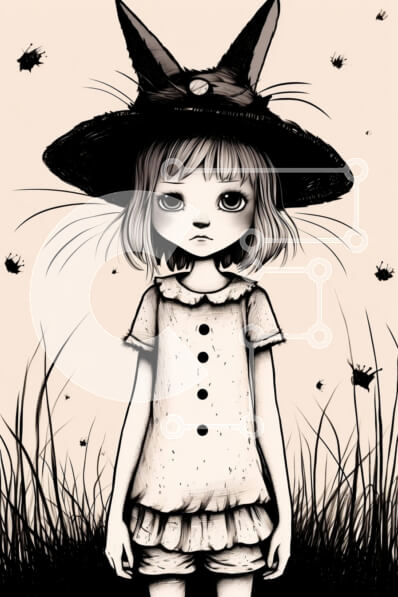 Intra Συλλεκτικό Ξύλινο Παζλ Plywood  4mm - Ασπρόμαυρο σχέδιο του μικρού κοριτσιού με καπέλο μάγισσας σε εξωτερικούς χώρους Σε Ξύλινο Κουτί - Διαστάσεις Puzzle: 10x10 cm – 25 κομμάτια